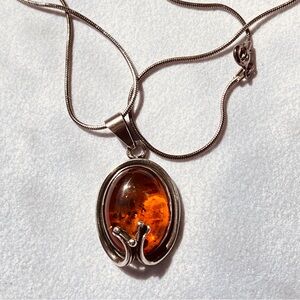 Vintage Amber and sterling silver snake chain 16” sterling silver necklace